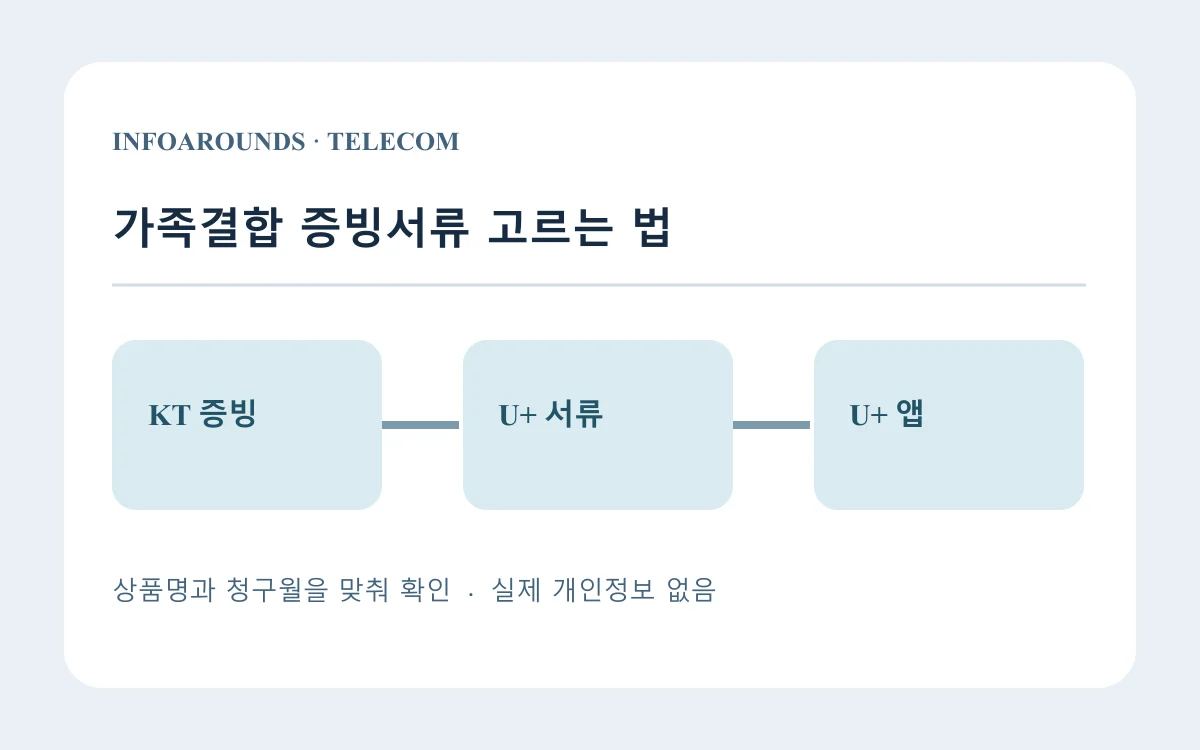 가족 결합 신청에 가족관계증명서가 필요한지 통신사별 어디서 확인하나?의 판단 갈림길을 보여주는 자체 제작 개념도