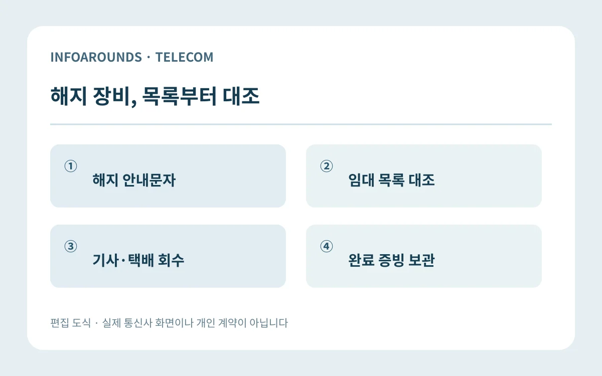 해지 안내문자 → 임대 목록 대조; 기사·택배 회수 → 완료 증빙 보관. 자체 제작 정보 도식