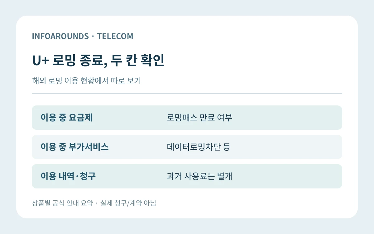 U+ 로밍 종료, 두 칸 확인. 이용 중 요금제 — 로밍패스 만료 여부; 이용 중 부가서비스 — 데이터로밍차단 등; 이용 내역·청구 — 과거 사용료는 별개. 자체 제작 정보 그림