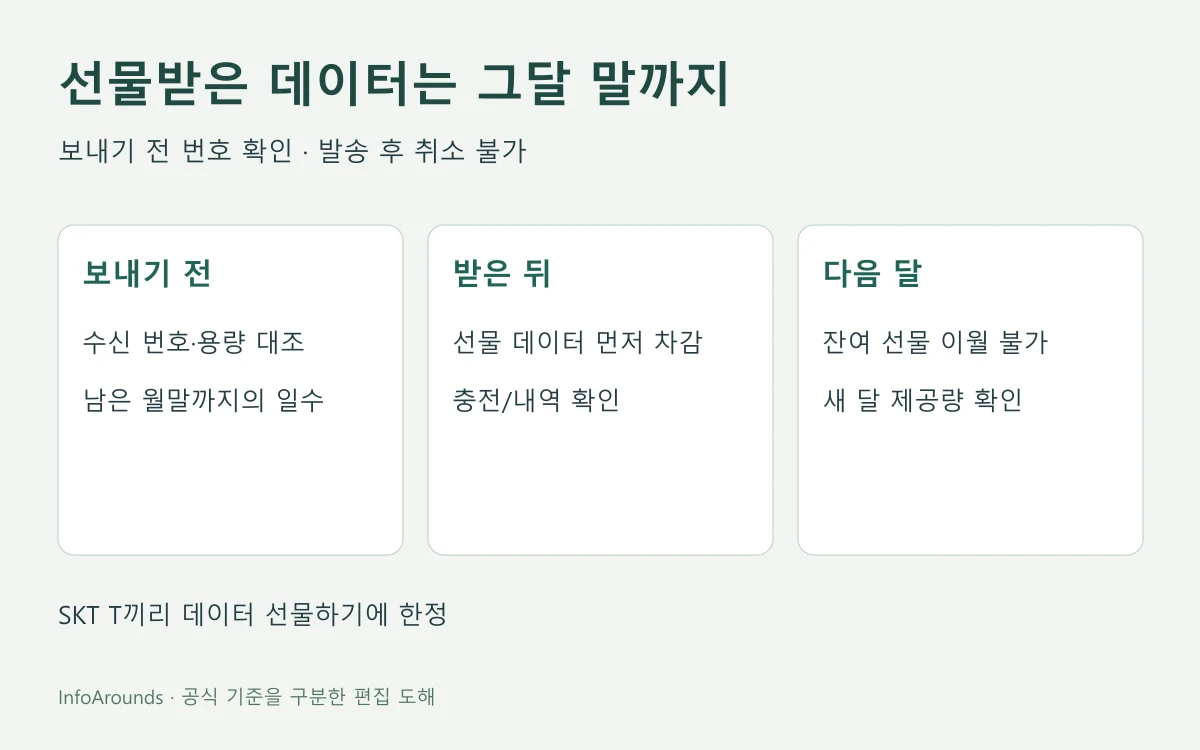 SKT T끼리 데이터 선물의 발송 전 수신번호·용량 확인, 받은 달 월말 만료, 발송 취소 불가, 사용내역 확인을 나누어 보여주는 도해